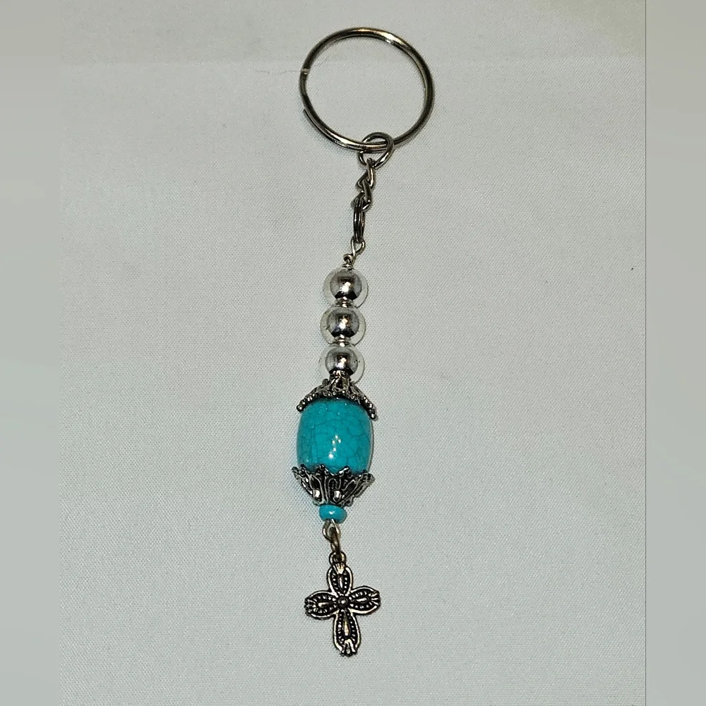 Elegant Turquoise Stone Silver-Toned Ornate Cross Keychain Keyring Handmade